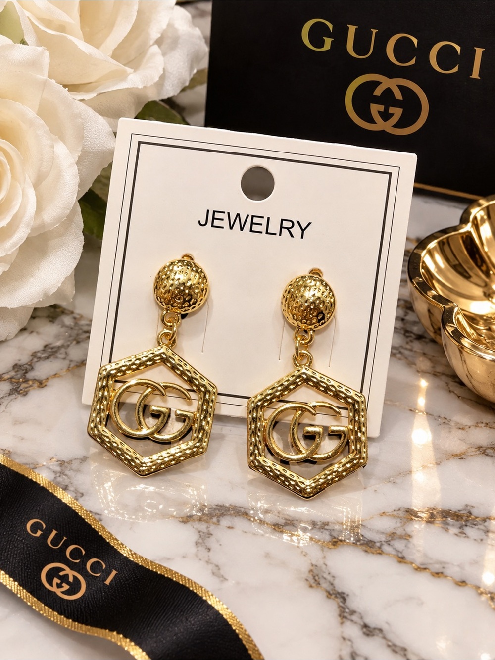 Fashion Gold-Tone Double G Hexagon Drop Earrings